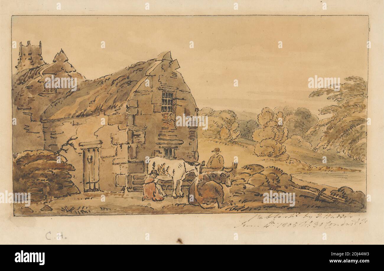 Cottage e due mucche mungite, Stampa precedentemente attribuita a Thomas Girtin, 1775–1802, inglese, pubblicato da artista sconosciuto, (J. Harris), 1805, incisione a base di macinato morbido con colorazione a mano su carta in wove beige di spessore moderato, con texture moderata, foglio: 6 1/4 x 9 13/16 pollici (15.8 x 25 cm) e immagine: 4 5/8 x 8 1/4 pollici (11.8 x 20.9 cm), agricoltura, animali, soggetto architettonico, fienile, corral, cottage, mucche, agricoltori, genere soggetto, fieno, casa, paesaggio, bestiame, uomo, mungitura, contadini, rurale, tetto di paglia, donna Foto Stock