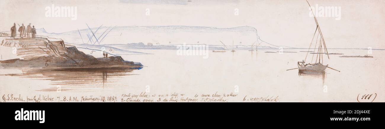 Gebel Sheikh Eredi di Gau el Kebir, Edward Lear, 1812–1888, British, 1867, acquerello, grafite, gouache, inchiostro a penna e marrone e inchiostro blu su carta di wove crema di spessore moderato, leggermente testurizzata, foglio: 3 1/16 x 11 3/8 pollici (7.8 x 28.9 cm), barche, figure (rappresentazioni), paesaggio, arte marina, fiume, fiume, cielo, acqua, Africa, Nilo, Qaw el Kebir, Egitto superiore Foto Stock