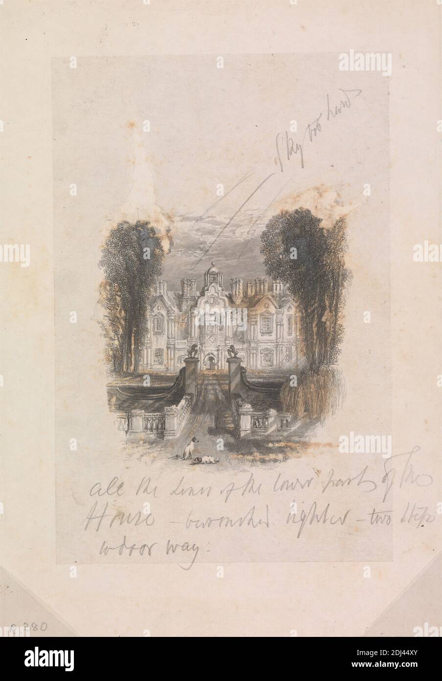 An Old Manor House, William Miller, 1796–1882, inglese, dopo Joseph Mallord William Turner, 1775–1851, inglese, 1834, incisione di linea; prova toccata su moderatamente spesso, leggermente testurizzata, beige, carta in wove, con beige, Chine colle, foglio: 8 1/2 × 5 15/16 pollici (21.6 × 15.1 cm), Chine Collé: 6 3/4 × 4 1/2 pollici (17.1 × 11.4 cm) e immagine: 3 3/4 × 3 1/2 pollici (9.5 × 8.9 cm Foto Stock