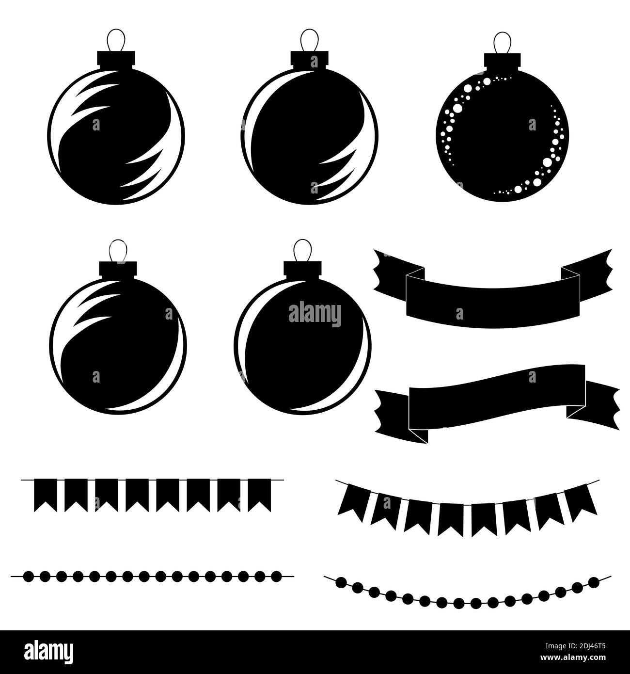 Set di palle piatte nere e bianche isolate dell'albero di Natale, nastri di striscioni e ghirlande sotto forma di bandiere su uno sfondo bianco Illustrazione Vettoriale