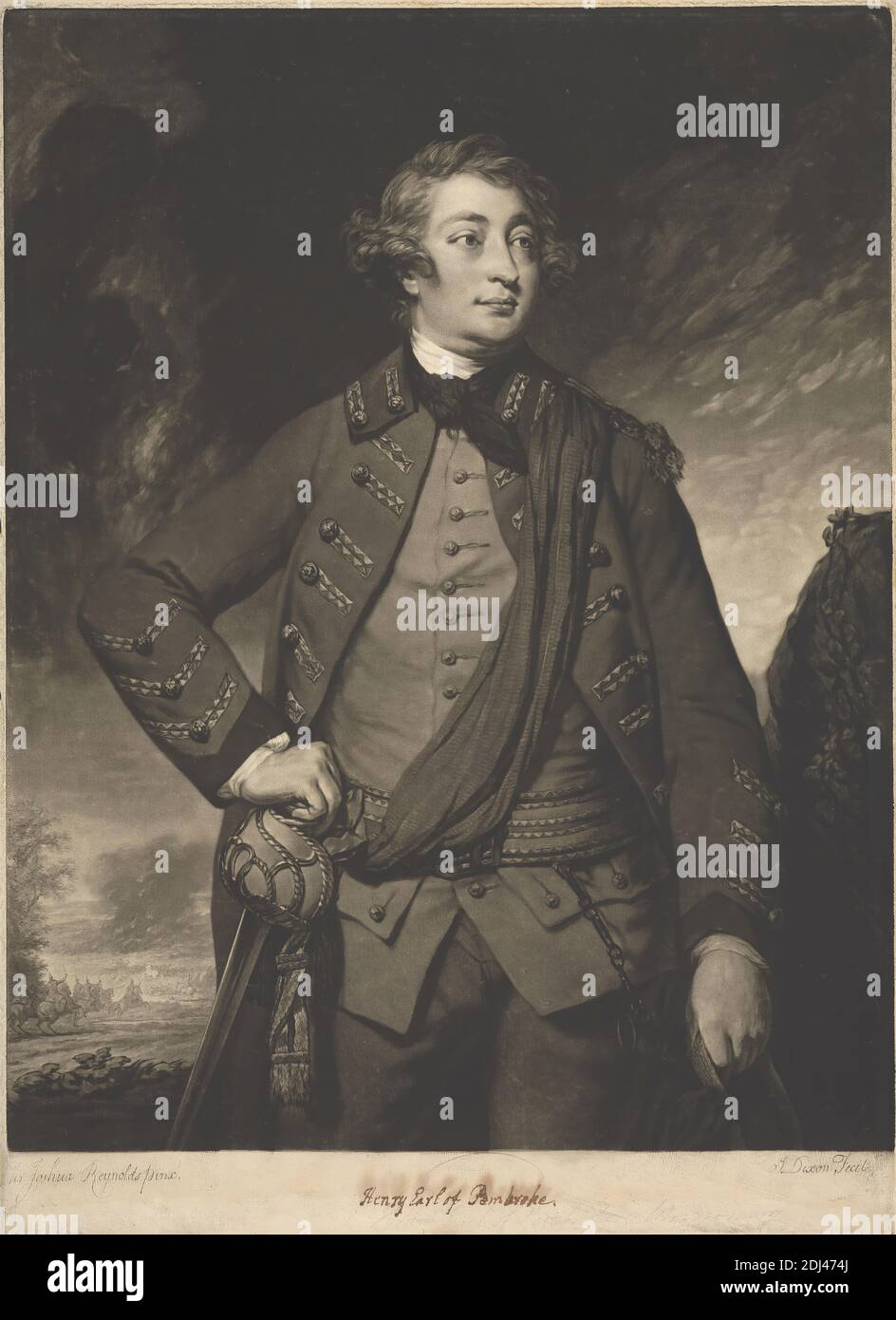 Enrico, decimo conte di Pembroke e settimo conte di Montgomery, stampa di John Dixon, ca. 1740–1811, irlandese, dopo Sir Joshua Reynolds RA, 1723–1792, inglese, 1769, Mezzotint su carta leggermente spessa, leggermente testurizzata, beige, foglio: 18 3/8 × 13 1/4 pollici (46.6 × 33.7 cm) e immagine: 16 3/4 x 13 1/16 pollici (42.6 x 33.2 cm), forze armate, cintura, bottoni, capitani (ufficiali militari), nubi, cappotto, cravat, ricci, conte, sguardo, cavalli (animali), chiavi, uomo, nobile, ritratto, posa, sash, sciarpa, solenne, spada, naselli, pensieroso Foto Stock