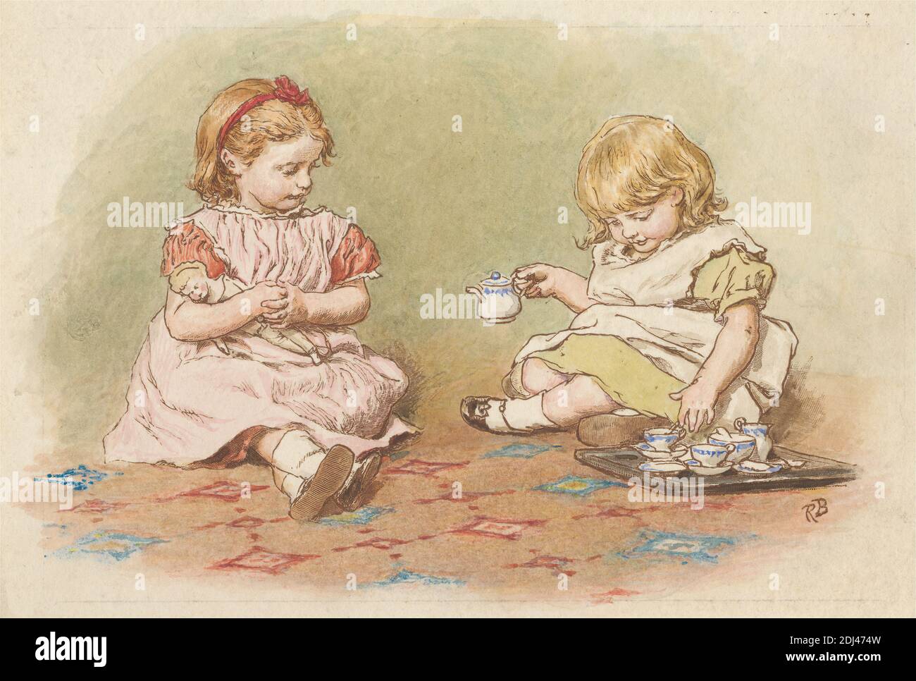 Two Girls Playing, Stampa fatta da Robert Barnes, 1840–1895, inglese, dopo  Robert Barnes, 1840–1895, inglese, non satinato, incisione in legno con  acquerello su carta di wove crema di spessore moderato, leggermente  testurizzata,