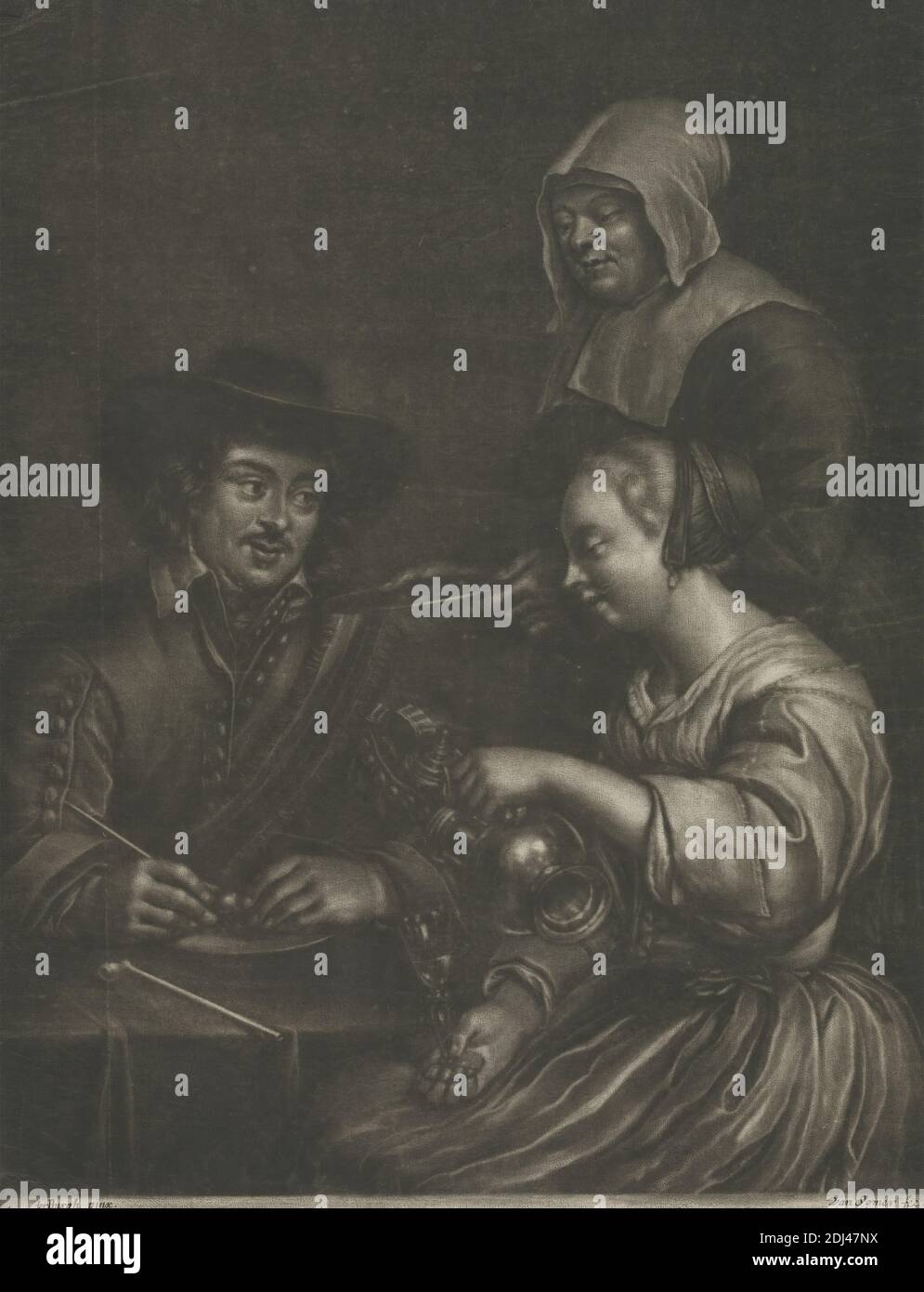 Uomo e Donna bere, Stampa fatta da Paul van Somer, ca. 1649–ca. 1694, olandese, dopo Gerard ter Borch II, 1617–1681, olandese, non satinato, Mezzotint su carta media, leggermente testurizzata, bianca blu, carta a foglio: 12 5/8 × 9 13/16 pollici (32.1 × 24.9 cm) e immagine: 12 1/4 × 9 9/16 pollici (31.1 × 24.3 cm Foto Stock