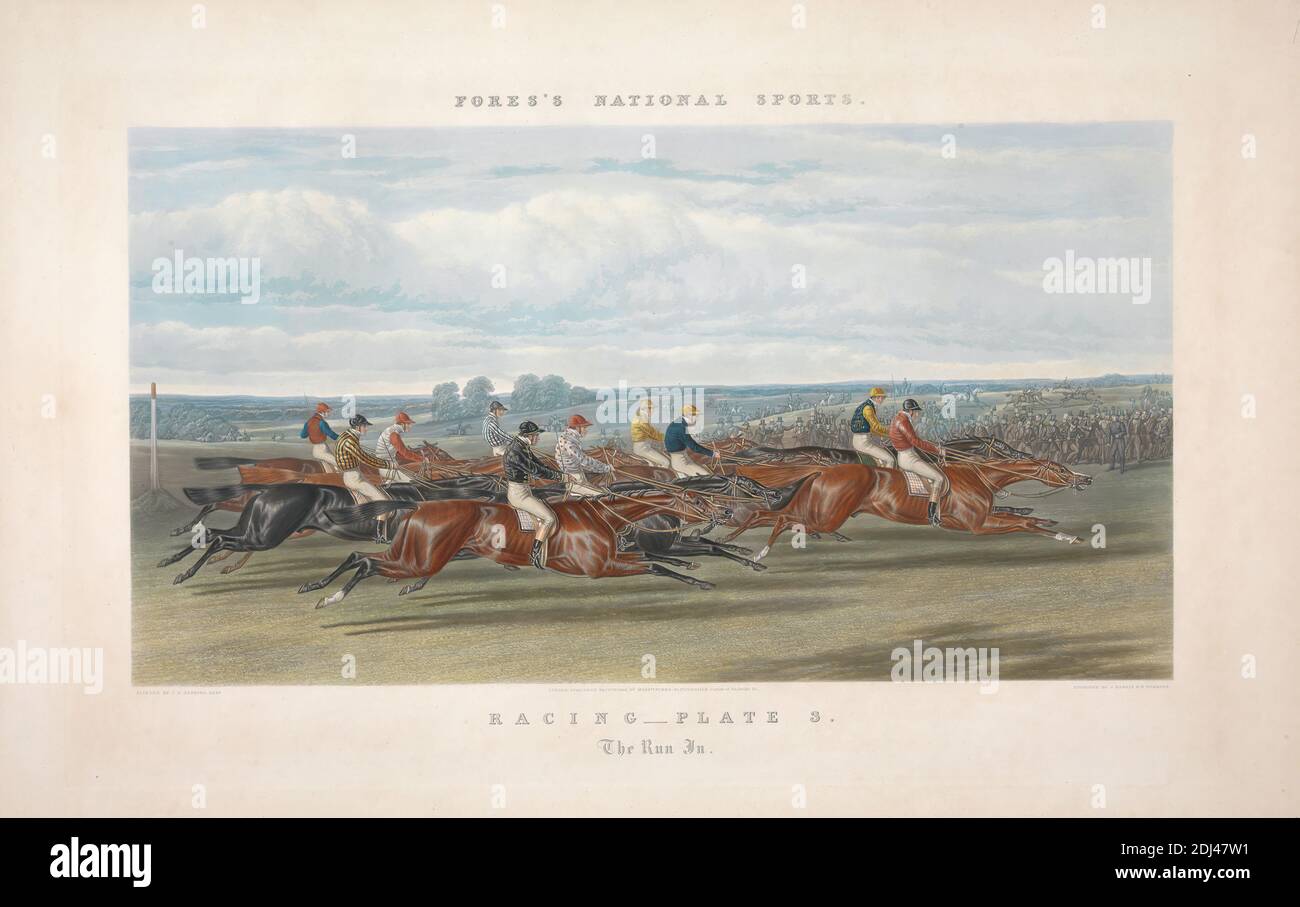 Fores's National Sports: Racing - The Run in, John Harris, 1811–1865, British, After John Frederick Herring, 1795–1865, British, 1866, Aquatint, hand-colored, foglio: 17 1/2 x 27 3/4in. (44.5 x 70,5 cm Foto Stock