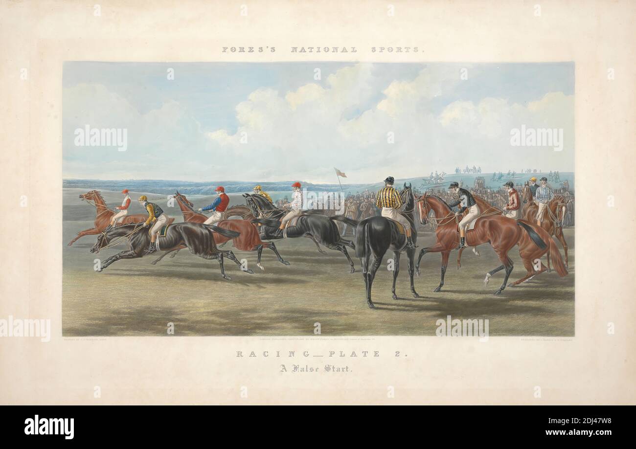 Fores's National Sports: Racing - A False Start, John Harris, 1811–1865, British, After John Frederick Herring, 1795–1865, British, 1866, Aquatint, colore a mano, foglio: 17 1/2 x 27 3/4in. (44.5 x 70,5 cm Foto Stock