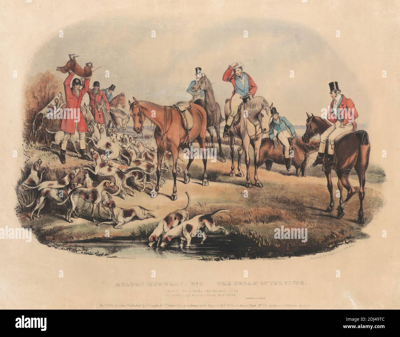 Caccia alla volpe Set di sei: Melton Mowbray No. 6. The Cream of the Thing, stampato da Day & Co., 1824–1913, British, Edward Hull, 1810–1877, 1835, litografia colorata a mano, foglio: 9 7/8 x 13 3/8in. (25.1 x 34 cm Foto Stock