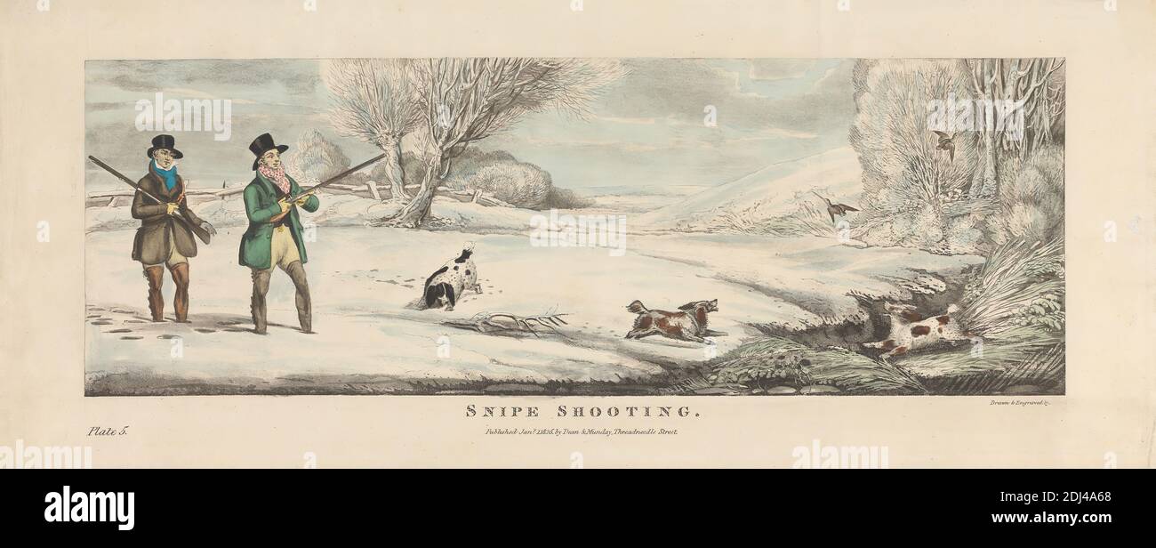 Set di tiro di sei: 5. Snipe Shooting, James Pollard, 1792–1867, British, After James Pollard, 1792–1867, British, 1825, Aquatint, colorato a mano, foglio: 7 1/4 x 18 1/4 poll. (18.4 x 46,4 cm Foto Stock