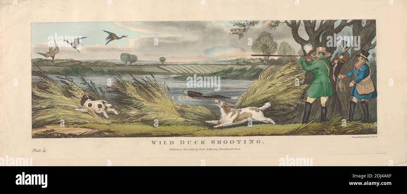Set di tiro di sei: 4. Wild Duck Shooting, James Pollard, 1792–1867, British, After James Pollard, 1792–1867, British, 1825, Aquatint, colorato a mano, foglio: 7 1/4 x 18 1/4 poll. (18.4 x 46,4 cm Foto Stock