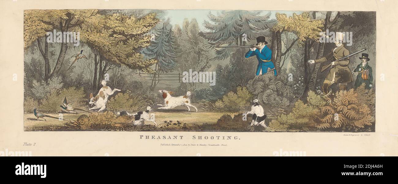 Set di tiro di sei: 2. Pheasant Shooting, James Pollard, 1792–1867, British, After James Pollard, 1792–1867, British, 1822, Aquatint, colorato a mano, foglio: 7 1/4 x 18 1/4in. (18.4 x 46,4 cm Foto Stock