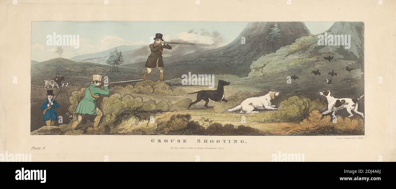 Set di tiro di sei: 3. Grouse Shooting, James Pollard, 1792–1867, British, After James Pollard, 1792–1867, British, 1822, Aquatint, colorato a mano, foglio: 7 1/4 x 18 1/4in. (18.4 x 46,4 cm Foto Stock