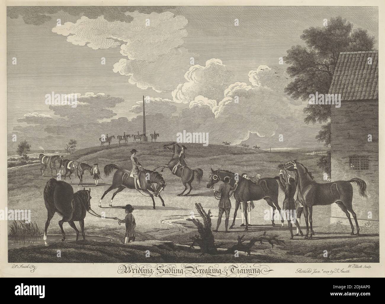 Serie di corse ippiche di sei: 5. Bridling, Sadling, Breaking, & Training, William Elliot, attivo nel 1774, morì nel 1792, inglese, dopo Thomas Smith di Derby, ca. 1720–1767, inglese, 1758, incisione, foglio: 15 3/8 x 21 3/8" (39.1 x 54,3 cm Foto Stock