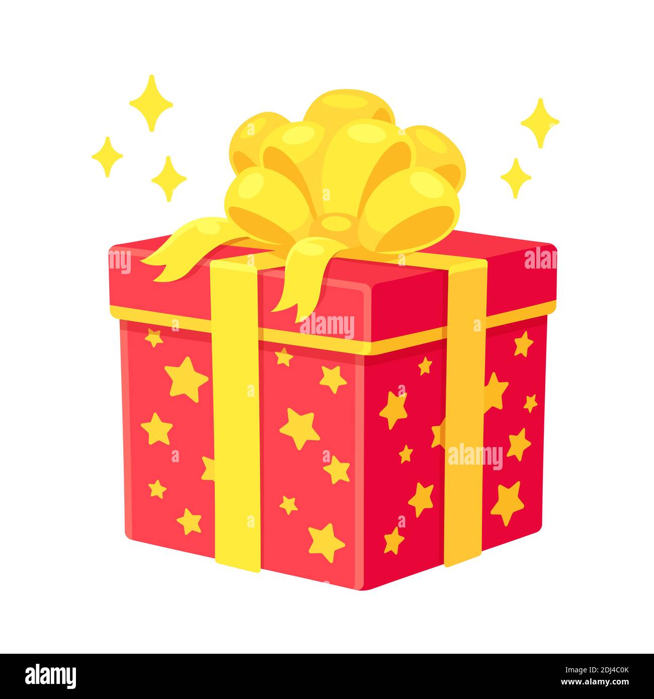 Confezione regalo di Natale o compleanno. Rosso avvolto presente con stelle dorate e fiocco di nastro. Illustrazione vettoriale isolata. Illustrazione Vettoriale