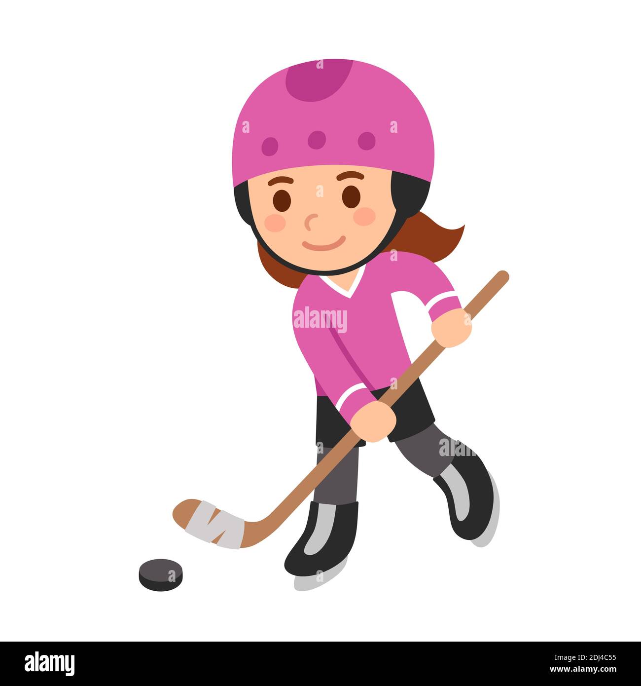 Carino ragazza cartoon giocare a hockey, in uniforme rosa e casco. Illustrazione della clip art vettoriale isolata. Illustrazione Vettoriale