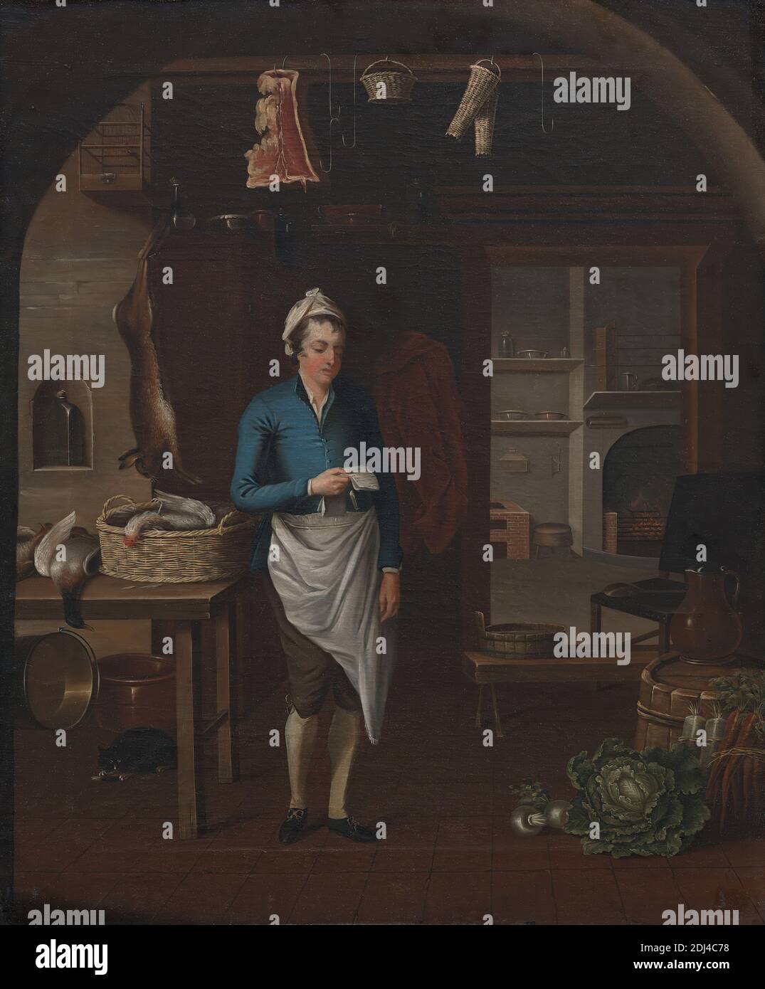 Kitchen Scene, John Atkinson, Active 1770–1775, British, 1771, Oil on Canvas, Support (PTG): 30 3/8 x 25 pollici (77.2 x 63.5 cm), arco, barile, cestini, uccelli, gatto (gatto domestico), cuoco, costume, anatre, camino, cibo, genere soggetto, lepre, ganci, interno, cucina, uomo, olio vernice, carte, pentole, coniglio, lettura, mensole, sgabello, tavoli, urna Foto Stock