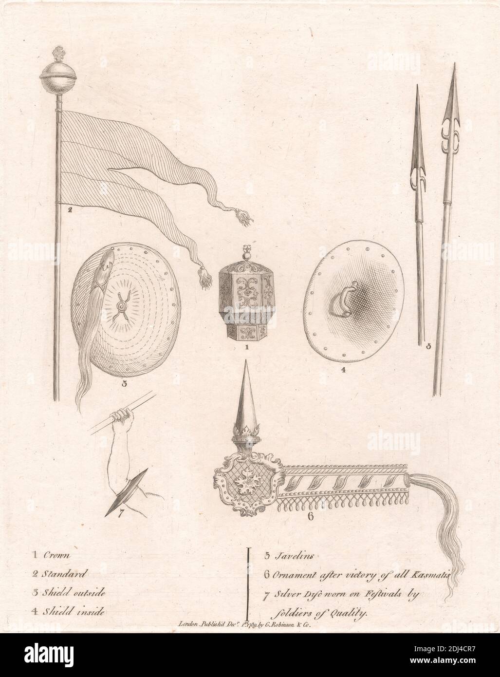 Esempi di vestito Ceremoniale dei soldati, James Heath, 1757–1834, britannico, dopo James Bruce, 1730–1794, britannico, 1789, Engraving Foto Stock