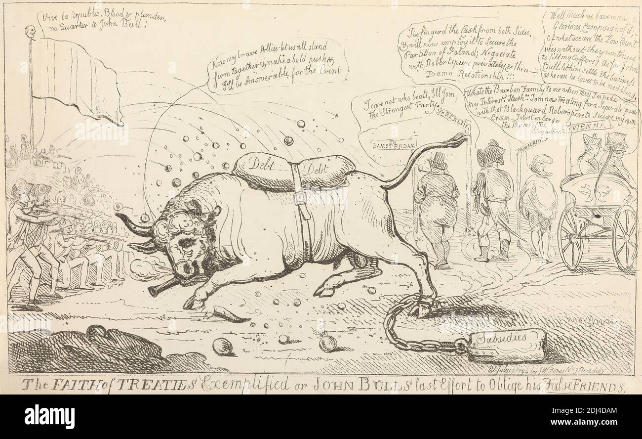 La fede dei trattati esemplificato o l'ultimo sforzo di John Bull per obbligare i suoi falsi amici, Isaac Cruikshank, 1756–1810, inglese, 1794, incisione Foto Stock