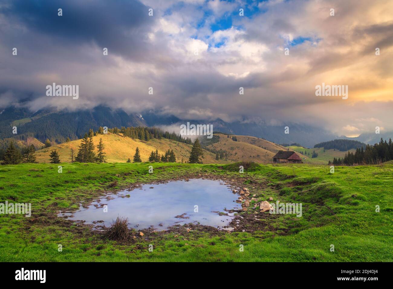 Splendido paesaggio di campagna nebbiosa con il piccolo lago e le nebbie montagne Piatra Craiului all'alba, Pestera villaggio, Transilvania, Romania, Europa Foto Stock