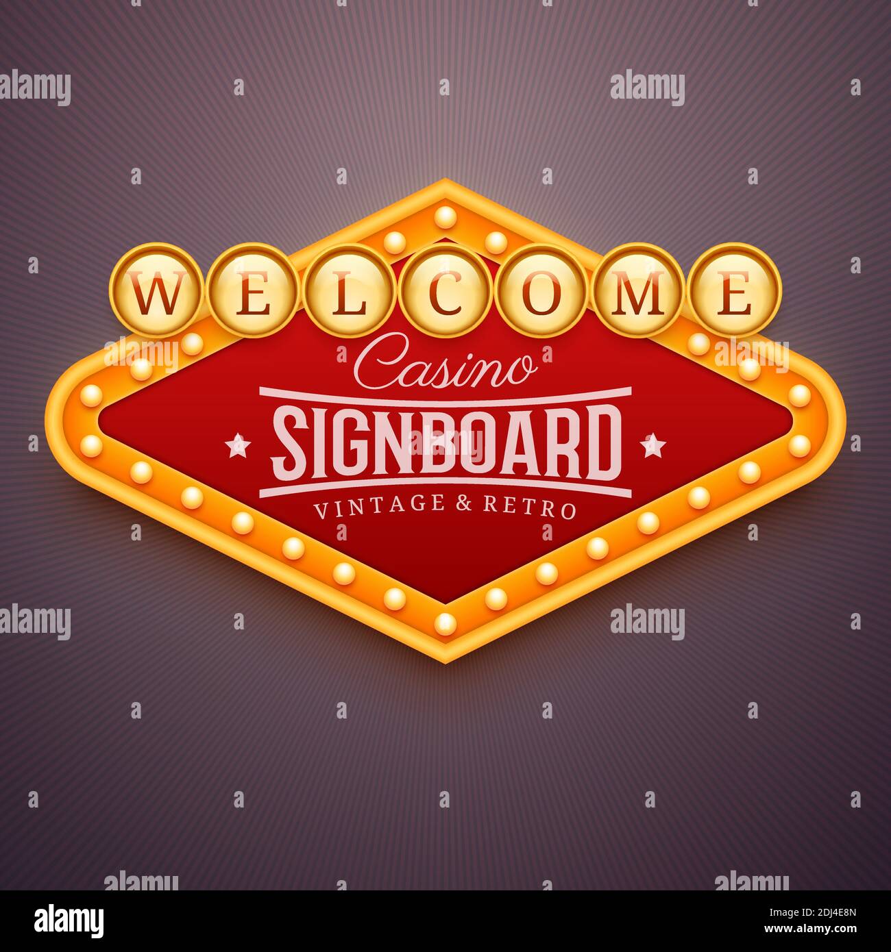 Cartello luminoso del casinò. Segnaletica da parete con luci in marmo. Arredamento di casinò, teatro, cinema o club. Banner retrò, cornice con lampadine. Illustrazione Vettoriale