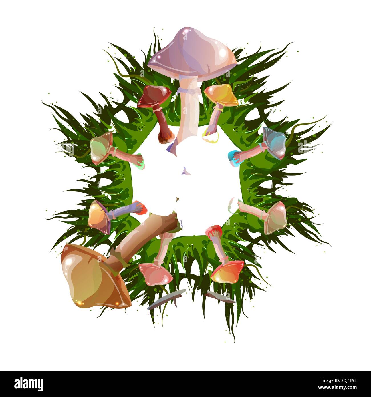 Corona di funghi. Autunno foresta sfondo trendy. Perfetto per ricetta, menu, etichetta, badge, confezione. Funghi multicolore. Elementi alimentari sani. Illustrazione Vettoriale