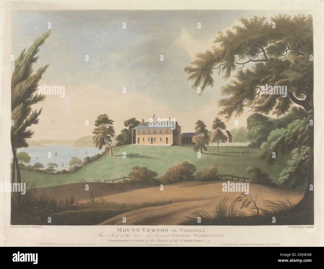 Quattro Aquatints di scenario americano: Monte Vernon in Virginia, la sede del tardo Lieu.t generale George Washington, comandante in capo degli eserciti degli Stati Uniti, Francis Jukes, 1747–1812, britannico, dopo disegni di Alexander Robertson, 1768–1841, americano, 1800, acquatint colorato, foglio: 14 7/16 x 19 pollici. (36.7 x 48,3 cm Foto Stock