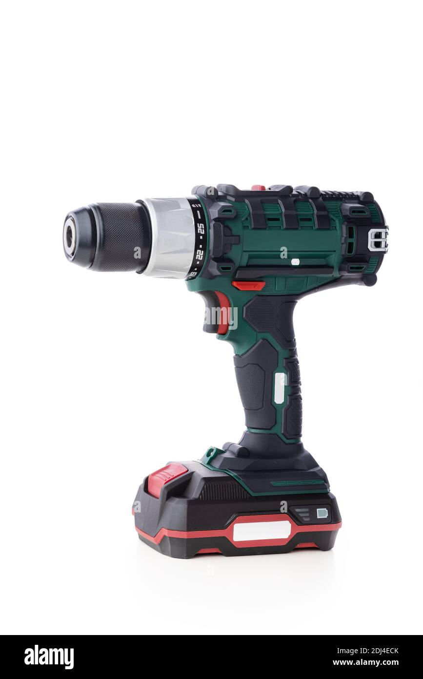 Avvitatore a batteria isolato su sfondo bianco Foto Stock
