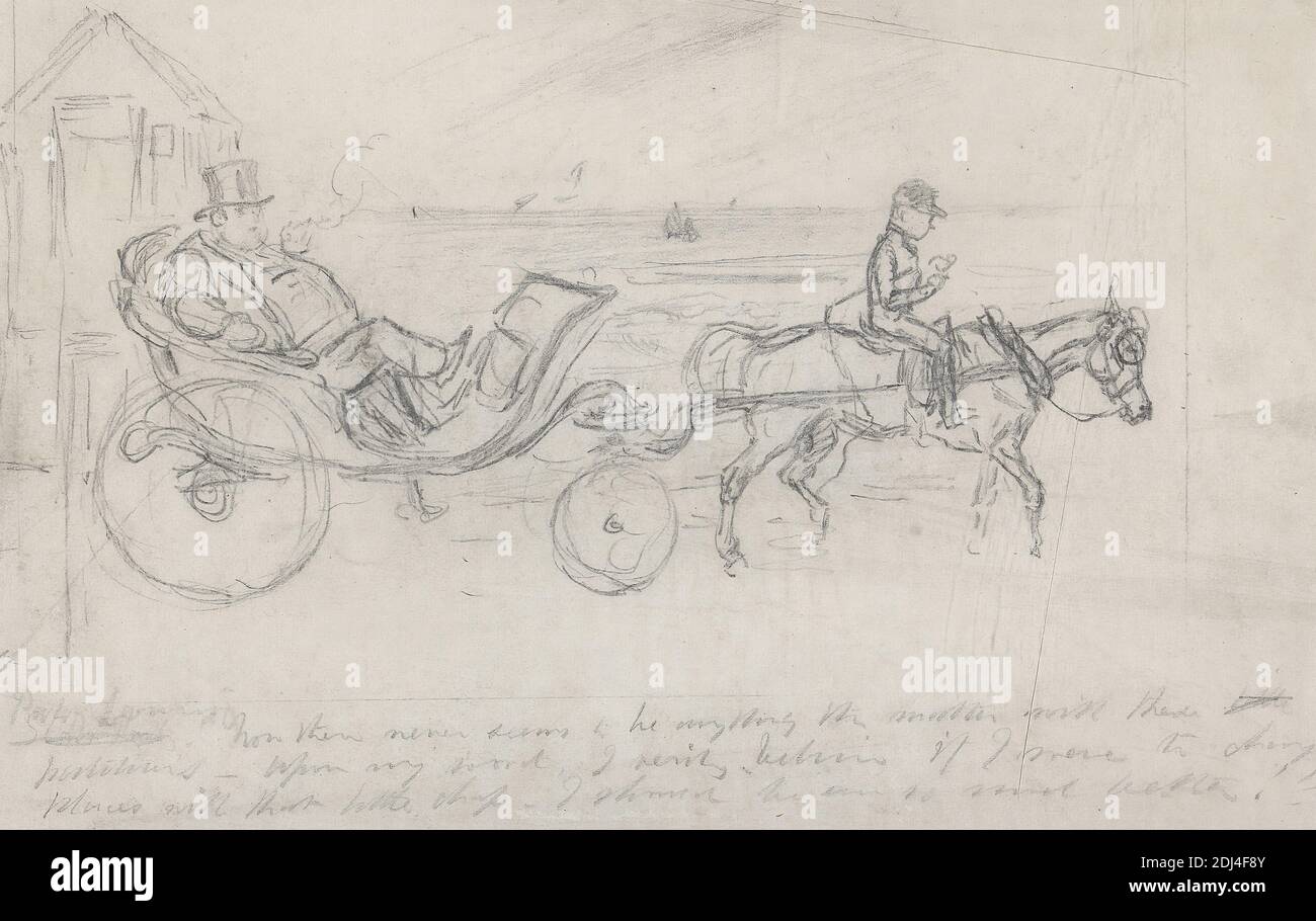 Un Jockey-Cart, John Leech, 1817–1864, britannico, non trattato, grafite, foglio: 5 3/8 × 8 1/4 pollici (13.7 × 21 cm) e telaio: 10 7/8 × 13 3/4 × 3/16 pollici (27.6 × 35 × 0.5 cm), arte animale, carrozza, carrello, cavallo (animale), fantino Foto Stock