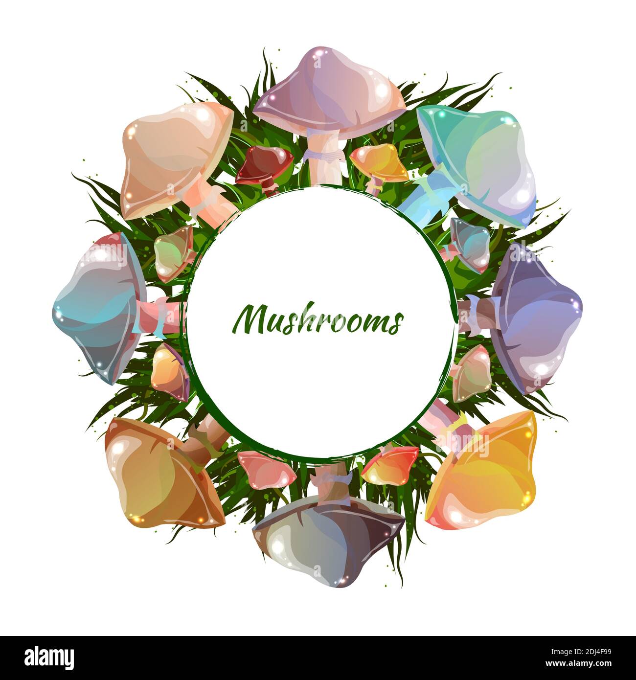 Corona di funghi. Autunno foresta sfondo trendy. Perfetto per ricetta, menu, etichetta, badge, confezione. Funghi multicolore. Elementi alimentari sani. Illustrazione Vettoriale