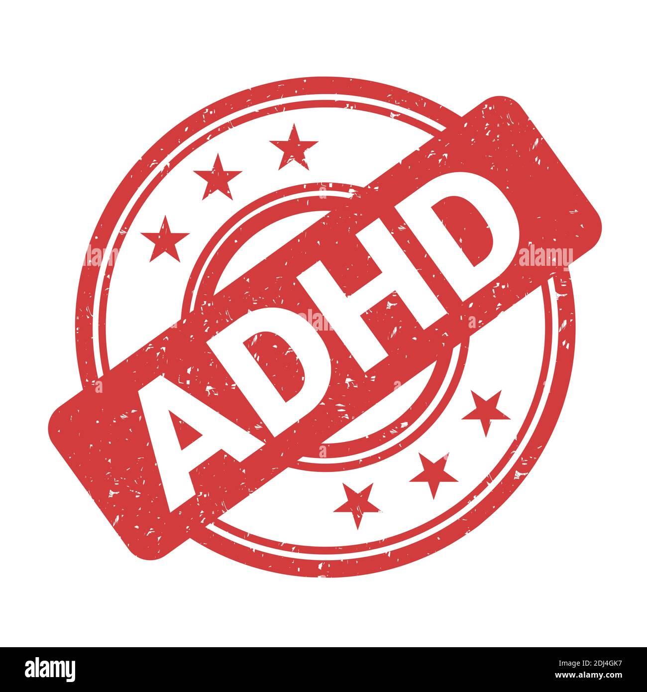 Timbro ADHD - conferma positiva e certificazione della diagnosi. Disturbi mentali - iperattività e disattenzione. Etichettatura del paziente. Illus vettore Foto Stock
