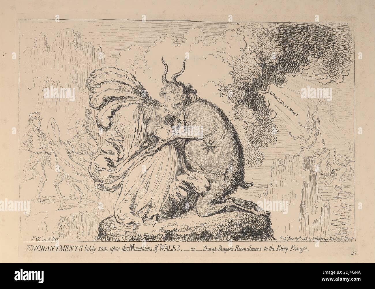 Incantesimi recentemente visti sulle montagne del Galles, - o - riconciliazione di Shon-ap-Morgan alla principessa fata, James Gillray, 1757–1815, British, 1796, Engraving, foglio: 25 3/8 x 19 pollici. (64.5 x 48,3 cm Foto Stock