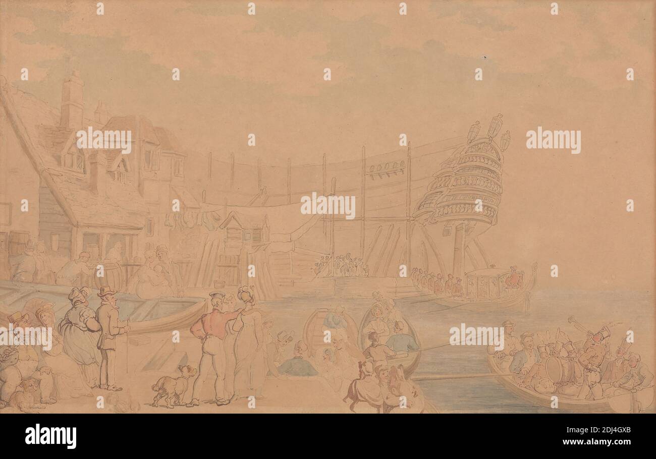 Il lancio di una nave, Thomas Rowlandson, 1756–1827, inglese, ca. 1800, inchiostro acquerello, penna e rosso, inchiostro penna e marrone, inchiostro penna e grigio e grafite su carta media, leggermente testurizzata, wove marrone montata su carta spessa, ruvida, wove marrone, foglio: 10 × 15 1/2 pollici (25.4 × 39.4 cm), banda (ensemble), barche, molo, cane (animale), case, arte marina, uomini, persone, marinai, nave, acqua, donne Foto Stock