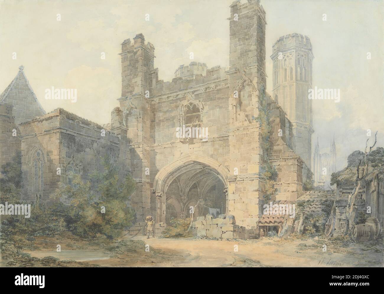 Saint Augustine's Gate, Canterbury, Joseph Mallord William Turner, 1775–1851, inglese, ca. 1793, acquerello e grafite su carta media, leggermente testurizzata, crema di wove, foglio: 13 1/2 x 19 3/8 pollici (34.3 x 49.2 cm), soggetto architettonico, carrelli, cancello, operai, pietre, alberi, Canterbury, Cumbria, Inghilterra, Europa, Kent, porta di Sant'Agostino, Abbazia di Sant'Agostino, porta di Sant'Agostino, Regno Unito Foto Stock
