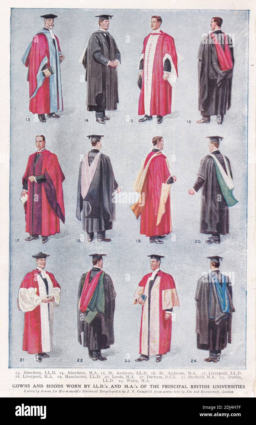 Illustrazioni d'epoca di abiti e cappe indossate da LL.D's e M.A.'s delle principali università britanniche. Foto Stock