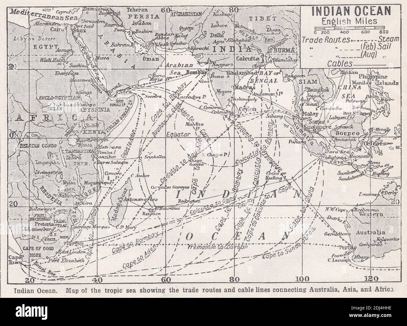 Mappa d'epoca dell'Oceano Indiano che mostra il mare tropicale delle rotte commerciali e delle linee di cavo che collegano l'Australia, l'Asia e l'Africa del 1900. Foto Stock