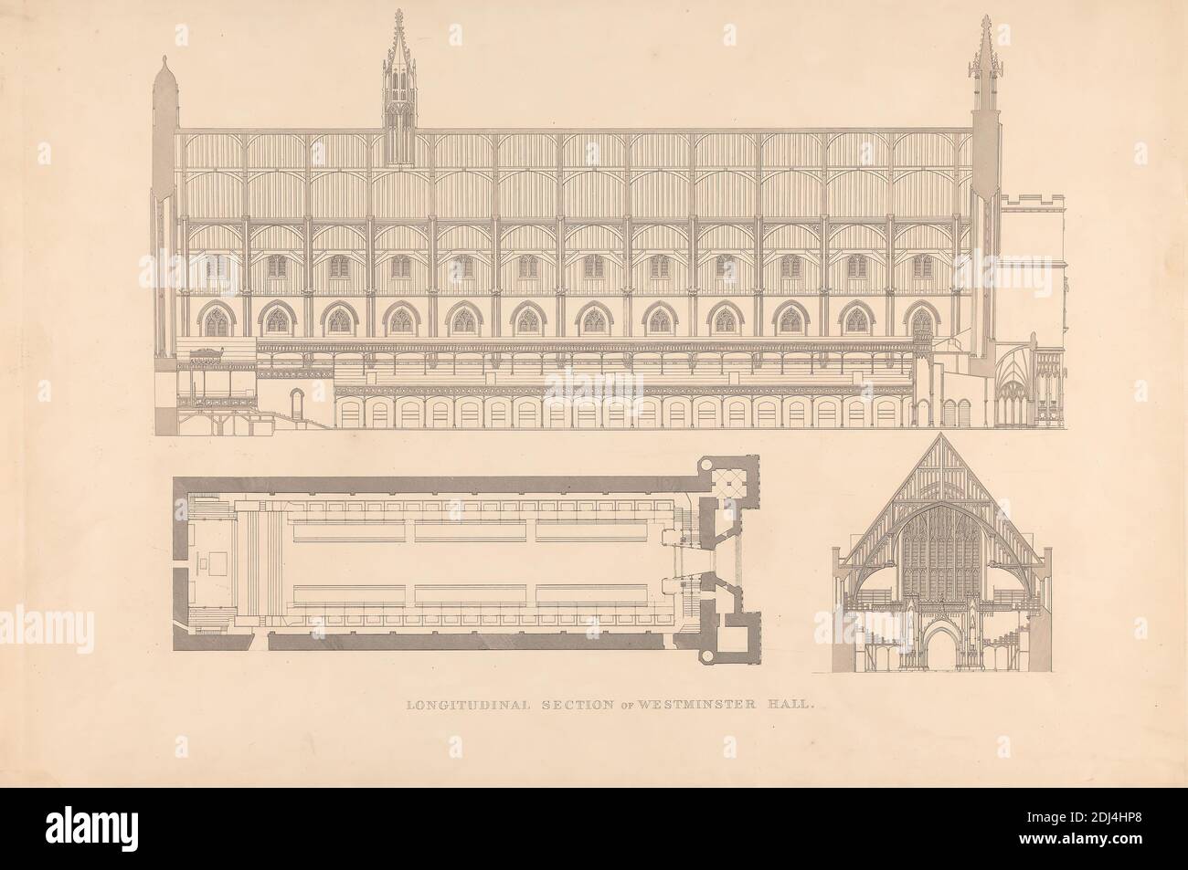 Sezione longitudinale di Westminster Hall, Stampa di B. winkles, attivo 1835, britannico, dopo B. winkles, attivo 1835, inglese, ca. 1821, incisione su carta liscia, moderatamente spessa, crema di wove, foglio: 15 × 22 1/2 pollici (38.1 × 57.2 cm) e immagine: 13 1/2 × 18 1/4 pollici (34.3 × 46.4 cm), soggetto architettonico, piano (concetto formale), sezione, Città di Westminster, Inghilterra, Londra, Palazzo di Westminster, Regno Unito, Westminster Hall Foto Stock
