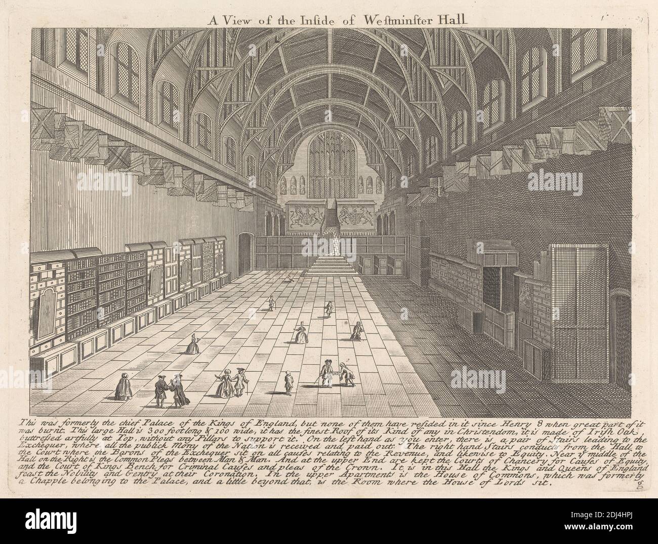 Una vista dell'interno della Sala di Westminster, artista sconosciuto, XVIII secolo, ca. 1700, incisione a linee leggermente testurizzate, spessore medio, carta in wove bianca, foglio: 7/8 × 30.2 cm (8 × 11 7/8 22.5 pollici), piastra: 5/16 × 24.7 cm (7 × 3/4 9 18.6 pollici) e immagine: 6 × 9 1/8 pollici (15.2 × 23.2 cm), soggetto architettonico, vista interna, Città di Westminster, Inghilterra, Londra, Regno Unito, Westminster Hall Foto Stock