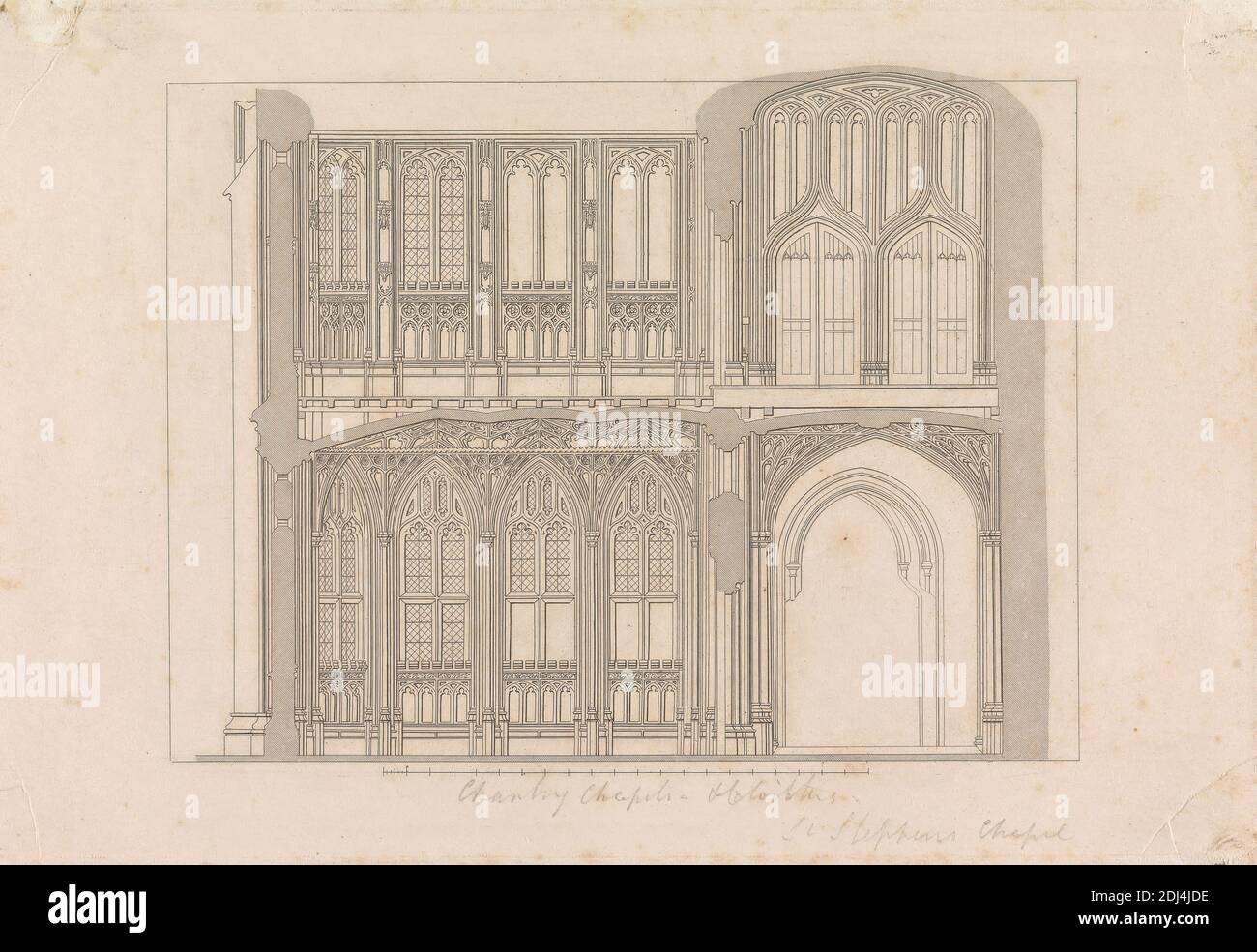 Piatto XXXII: Sezione longitudinale attraverso la Cappella del Chantry e Chiostro, Cappella di Santo Stefano, Stampa fatta da artista sconosciuto, (J. Hawkesworth), dopo James Robert Thompson, attivo 1807–1843, 1835, incisione della linea, prova prima della scrittura su carta bianca liscia, di spessore moderato, foglio: 6 5/16 × 9 1/8 pollici (16 × 23.2 cm), soggetto architettonico, chiesa, città di Westminster, Inghilterra, Casa dei Comuni, Londra, Palazzo di Westminster, Cappella di Santo Stefano, Palazzo di Westminster, Regno Unito Foto Stock