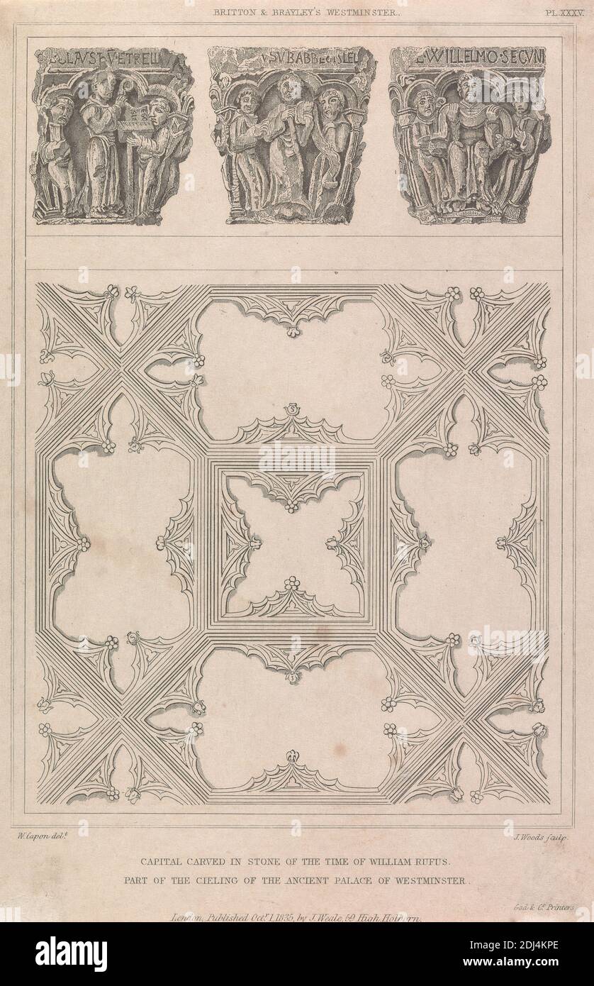 Piatto XXXV: Capitale scolpita nella pietra del tempo di Guglielmo Rufus; parte del soffitto dell'antico Palazzo di Westminster, Stampa fatta da John Woods, attivo 1836–1860, dopo William Capon, 1757–1827, inglese, 1825, incisione di linea su carta bianca liscia, moderatamente spessa, foglio: 7 5/16 × 4 13/16 pollici (18.6 × 12.2 cm), soggetto architettonico, Città di Westminster, Inghilterra, Londra, Palazzo di Westminster, Regno Unito Foto Stock