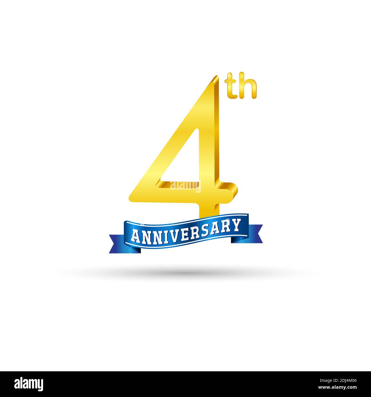 Logo del 4° anniversario d'oro con nastro blu isolato su sfondo bianco. Logo 3d Gold Anniversary Illustrazione Vettoriale