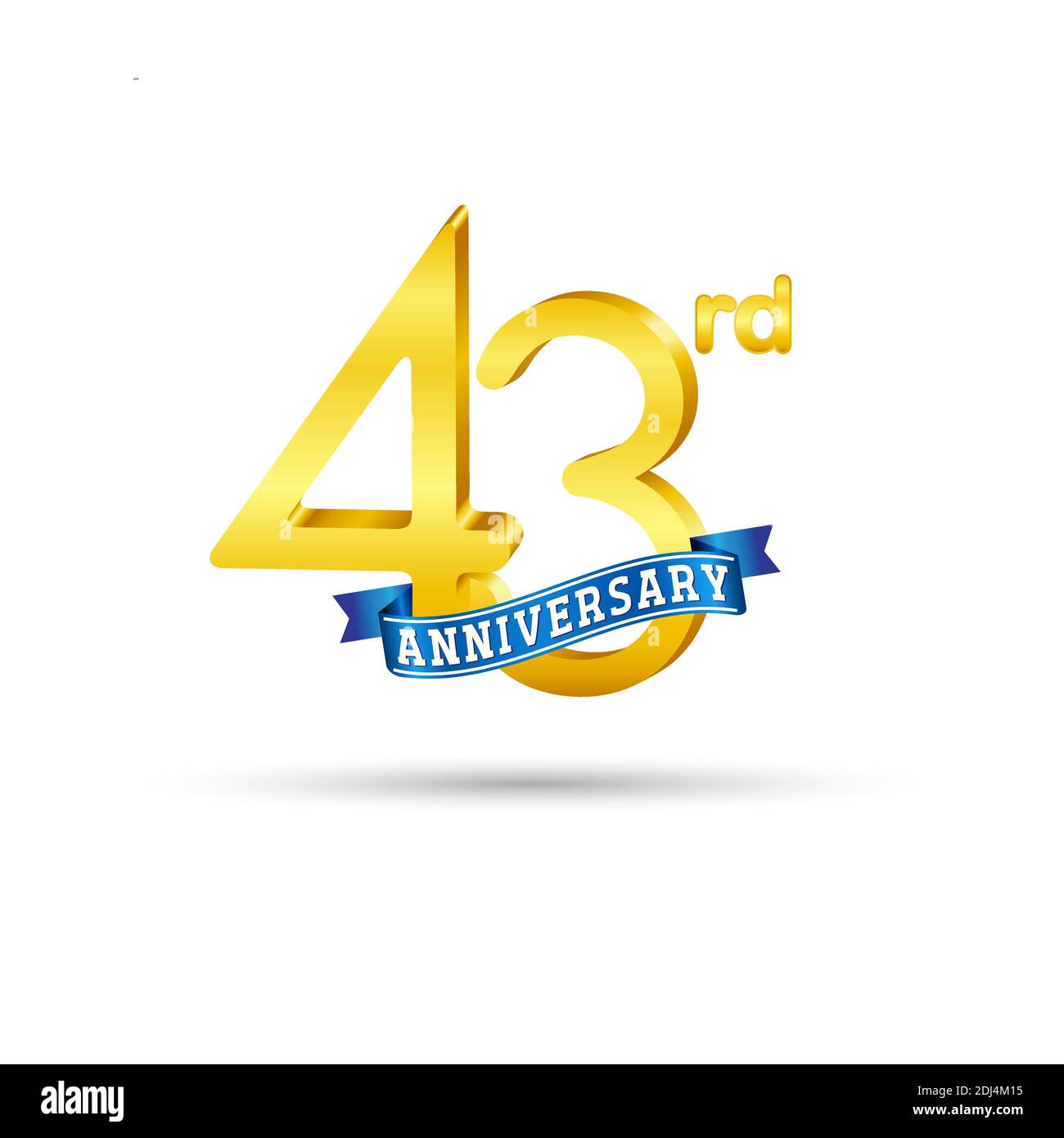 Logo del 43° anniversario d'oro con nastro blu isolato su sfondo bianco. Logo 3d Gold Anniversary Illustrazione Vettoriale