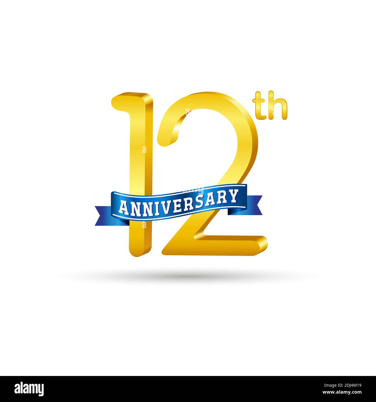 Logo del 12° anniversario d'oro con nastro blu isolato su sfondo bianco. Logo 3d Gold Anniversary Illustrazione Vettoriale