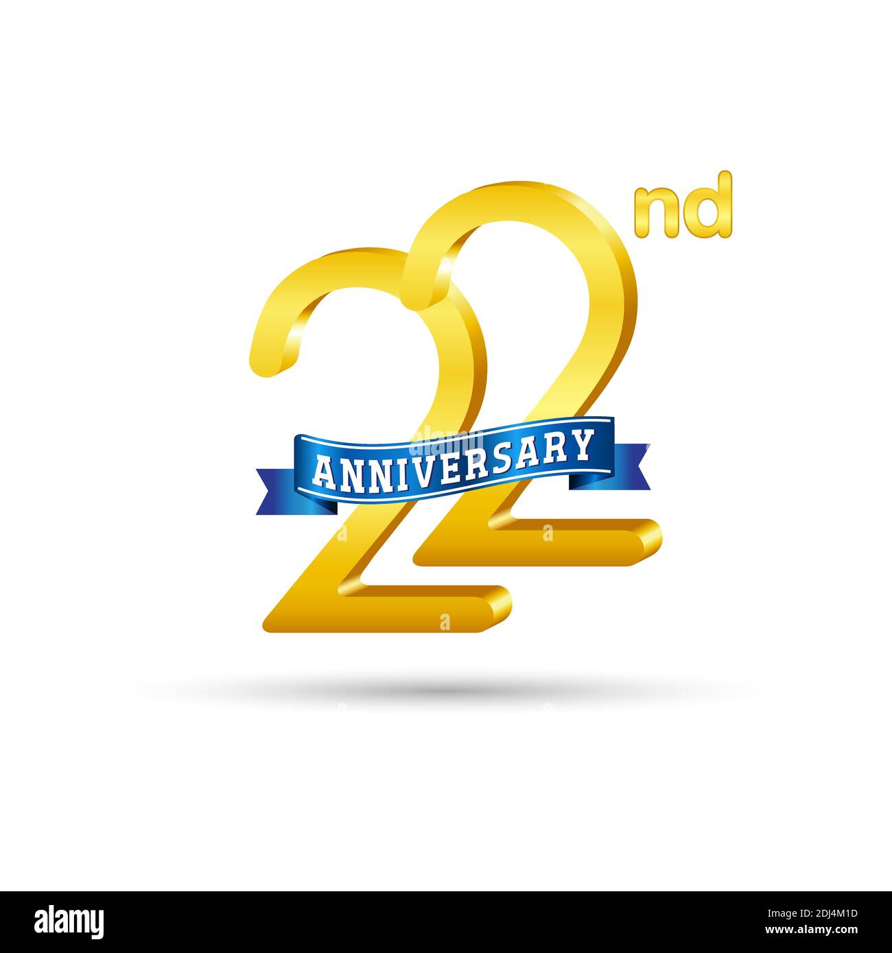 22° anniversario d'oro con nastro blu isolato su sfondo bianco. Logo 3d Gold Anniversary Illustrazione Vettoriale