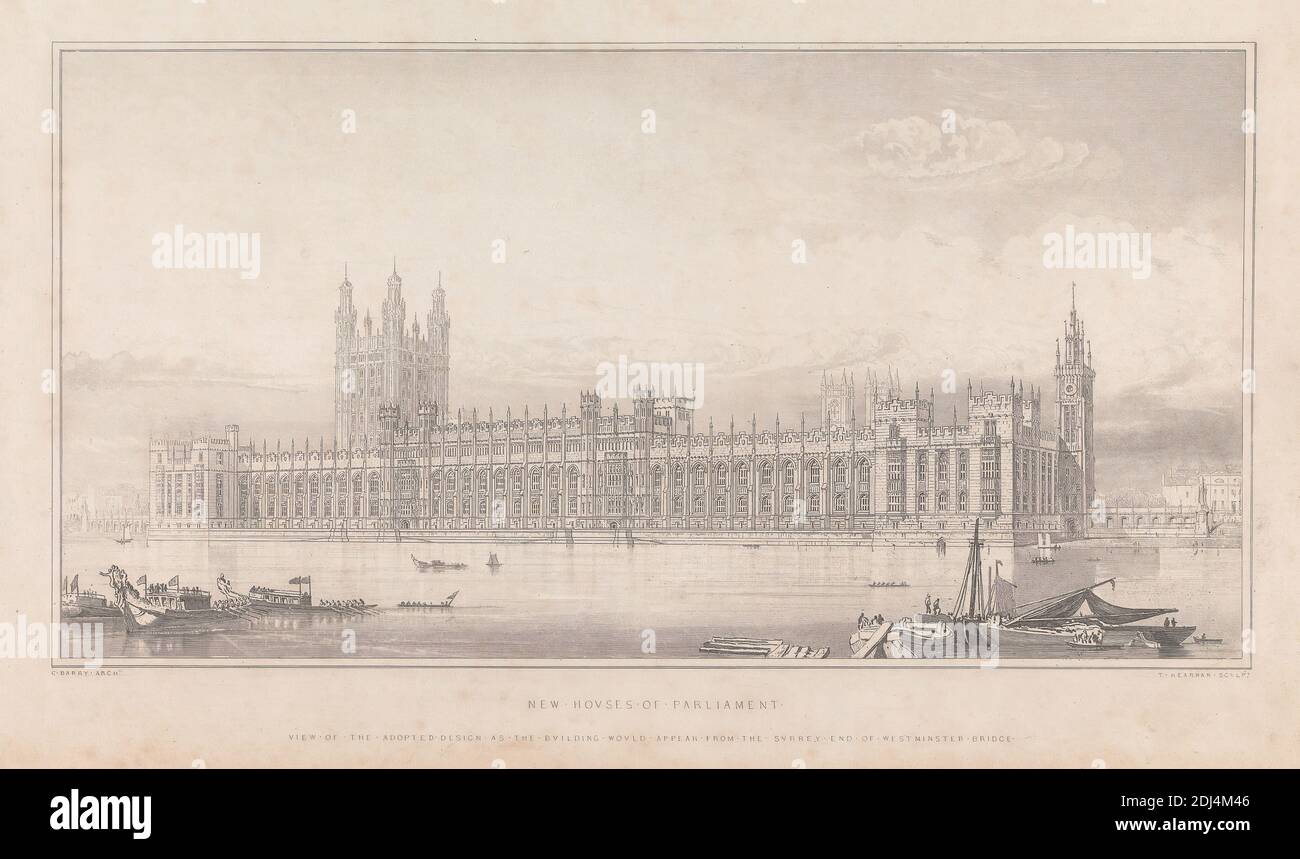 New Houses of Parliament, Vista del progetto adottato come l'edificio apparirebbe dal Surrey End di Westminster Bridge, Stampa fatta da T. Kearnan, attivo 1821–1850, britannico, dopo Sir Charles Barry, 1795–1860, inglese, ca. 1835, incisione lineare su carta wove liscia, media, bianca, foglio: 6 7/8 × 11 1/4 pollici (17.5 × 28.6 cm) e immagine: 5 × 9 3/4 pollici (12.7 × 24.8 cm), soggetto architettonico, Città di Westminster, Inghilterra, Londra, Palace of Westminster, Regno Unito Foto Stock