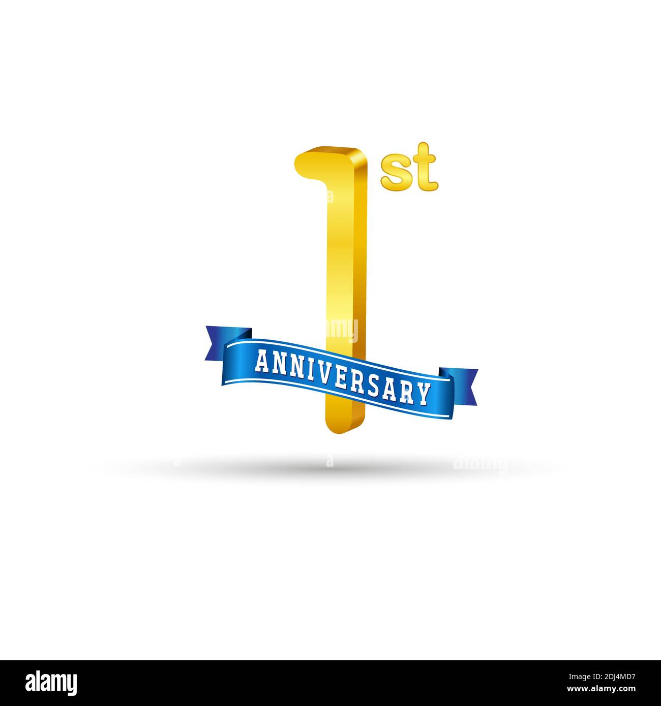 Logo 1° anniversario d'oro con nastro blu isolato su sfondo bianco. Logo 3d Gold Anniversary Illustrazione Vettoriale