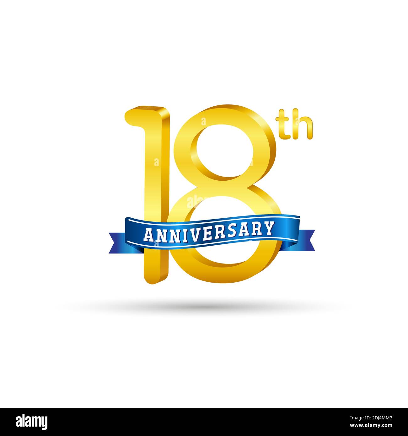 Logo del 18° anniversario d'oro con nastro blu isolato su sfondo bianco. Logo 3d Gold Anniversary Illustrazione Vettoriale