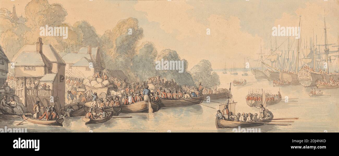 Imbarco a Southampton, 20 giugno 1794, Thomas Rowlandson, 1756–1827, British, 1794, acquerello e penna e inchiostro marrone, grigio e rosso-marrone su grafite su carta media, leggermente testurizzata, in wove crema, supporto: 6 9/16 x 14 pollici (16.7 x 35.6 cm) e foglio: 4 11/16 x 12 pollici (11.9 x 30.5 cm), barche, camini (elementi architettonici), folla, cappelli, soggetto storico, case, arte marina, uomini, militari, il, remi, navi, cielo, soldati, alberi, uniformi, militari, finestre, donne, Inghilterra, Europa, Hampshire, Southampton, Regno Unito Foto Stock