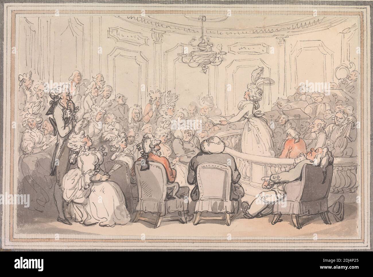 Conforts of Bath: The Concert, Thomas Rowlandson, 1756–1827, British, 1798, acquerello con penna e inchiostro grigio e nero su carta media, leggermente testurizzata, bianca in wove, supporto: 5 1/2 x 8 1/8 pollici (14 x 20.6 cm) e foglio: 4 13/16 x 7 3/8 pollici (12.2 x 18.7 cm), pubblico, sedie, lampadario, concerto, piume, genere soggetto, cappelli, uomini, nastri, cantante, donne, Bath, Bath e Somerset Nord-Est, Inghilterra, Europa, Somerset, Regno Unito Foto Stock