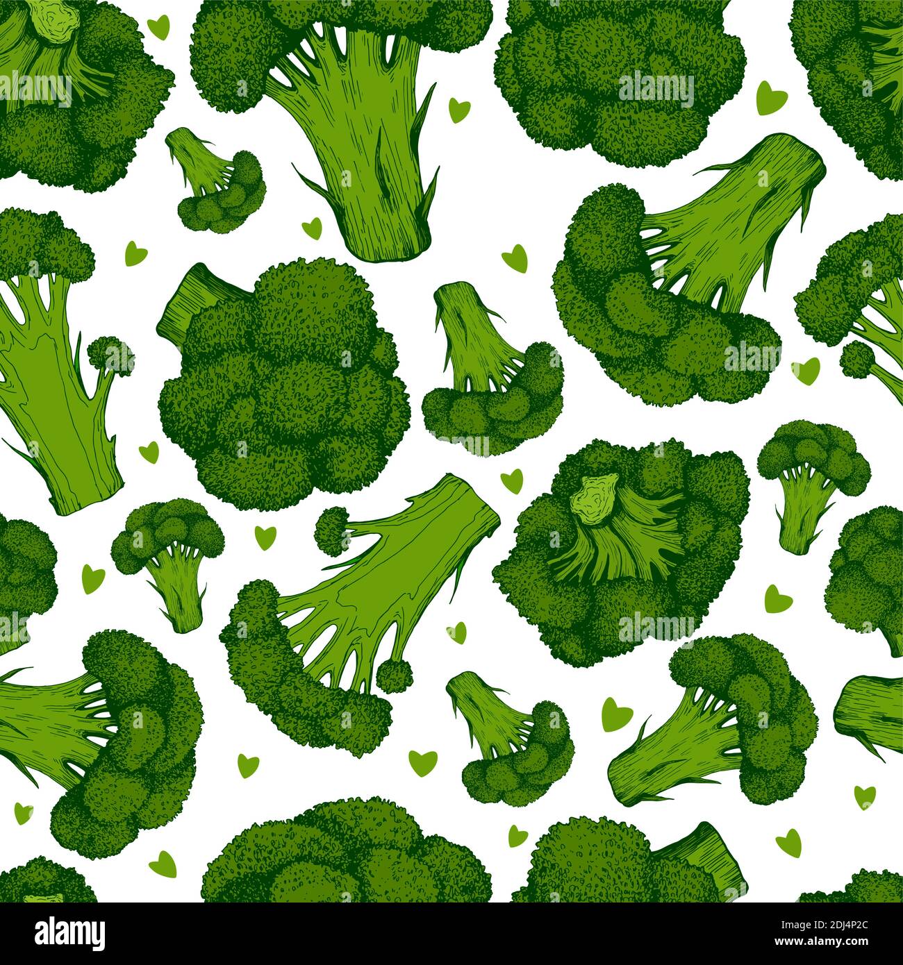 Succosa Broccoli verde e cuori piccoli colorato fresco verdure senza cuciture modello, isolato su bianco. Illustrazione Vettoriale