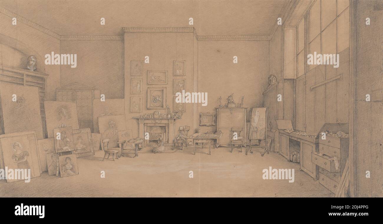 Sir Thomas Lawrence's Painting Room nel 1824, Emily Calmady, 19 ° secolo, inglese, 1824, gouache in grafite e bianco su media, moderatamente testurizzata, beige, carta wove, montato, moderatamente spesso, moderatamente tiesturata, beige, carta wove, supporto: 11 1/2 × 19 3/8 pollici (29.2 × 49.2 cm), Contemporary Drawn border: 10 1/4 × 18 9/16 pollici (26 × 47.1 cm), e foglio: 9 × 17 1/8 pollici (22.9 × 43.5 cm), soggetto architettonico, bambino, camino, cornici (arredamento), mobili, specchio, dipinti, studio (spazio di lavoro Foto Stock