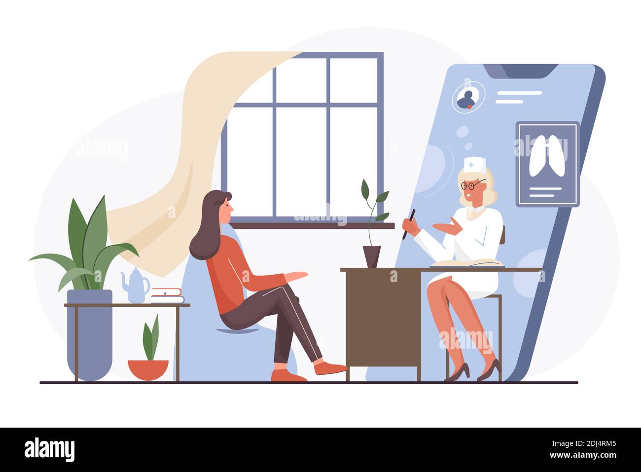 Online medico appuntamento medico illustrazione vettoriale. Cartoon donna paziente carattere riunione medico operaio ospedale su schermo del telefono, video comunicazione medicina sanitaria isolato su bianco Illustrazione Vettoriale