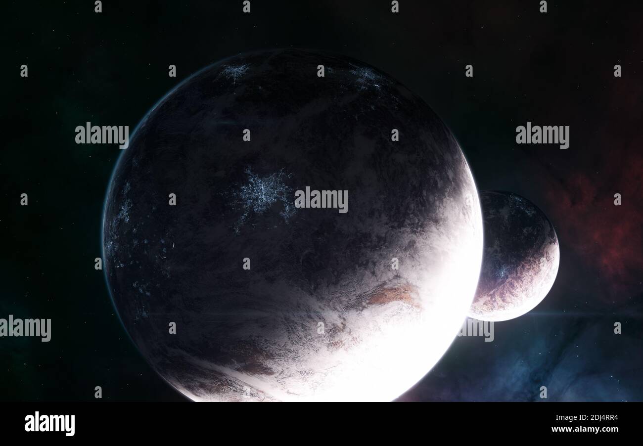 Pianeti abitati sullo sfondo di nebulose spaziali profonde Foto Stock